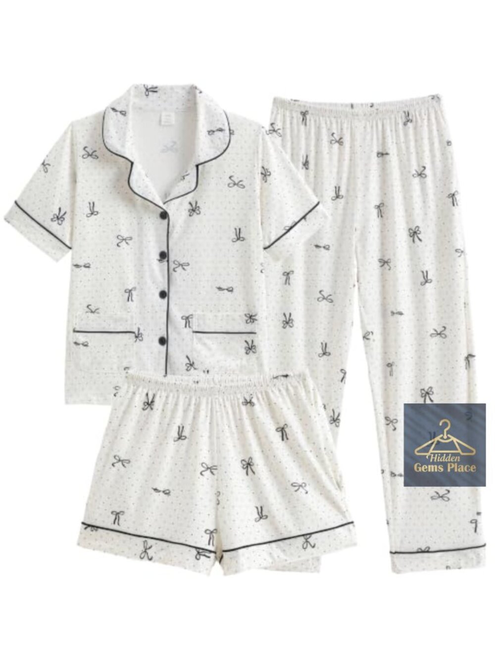 Girls 3 Piece Button Down Pajama Set Short Sleeve Pockets Sleepwear